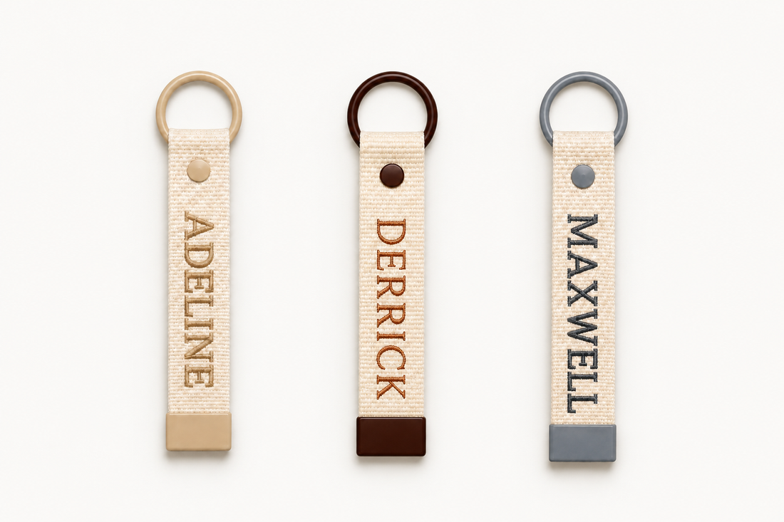 Personalized Embroidered Name Keychain – Minimalist Cotton Bag Tag